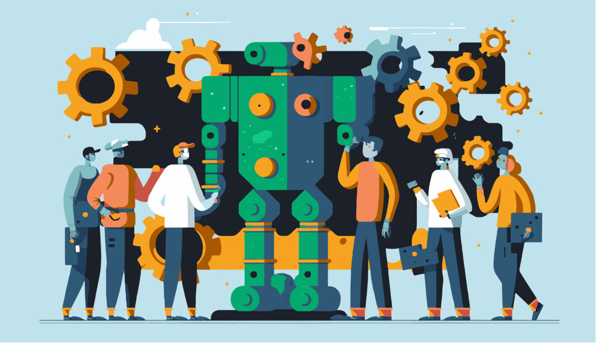 A group of people making friends with a robot
